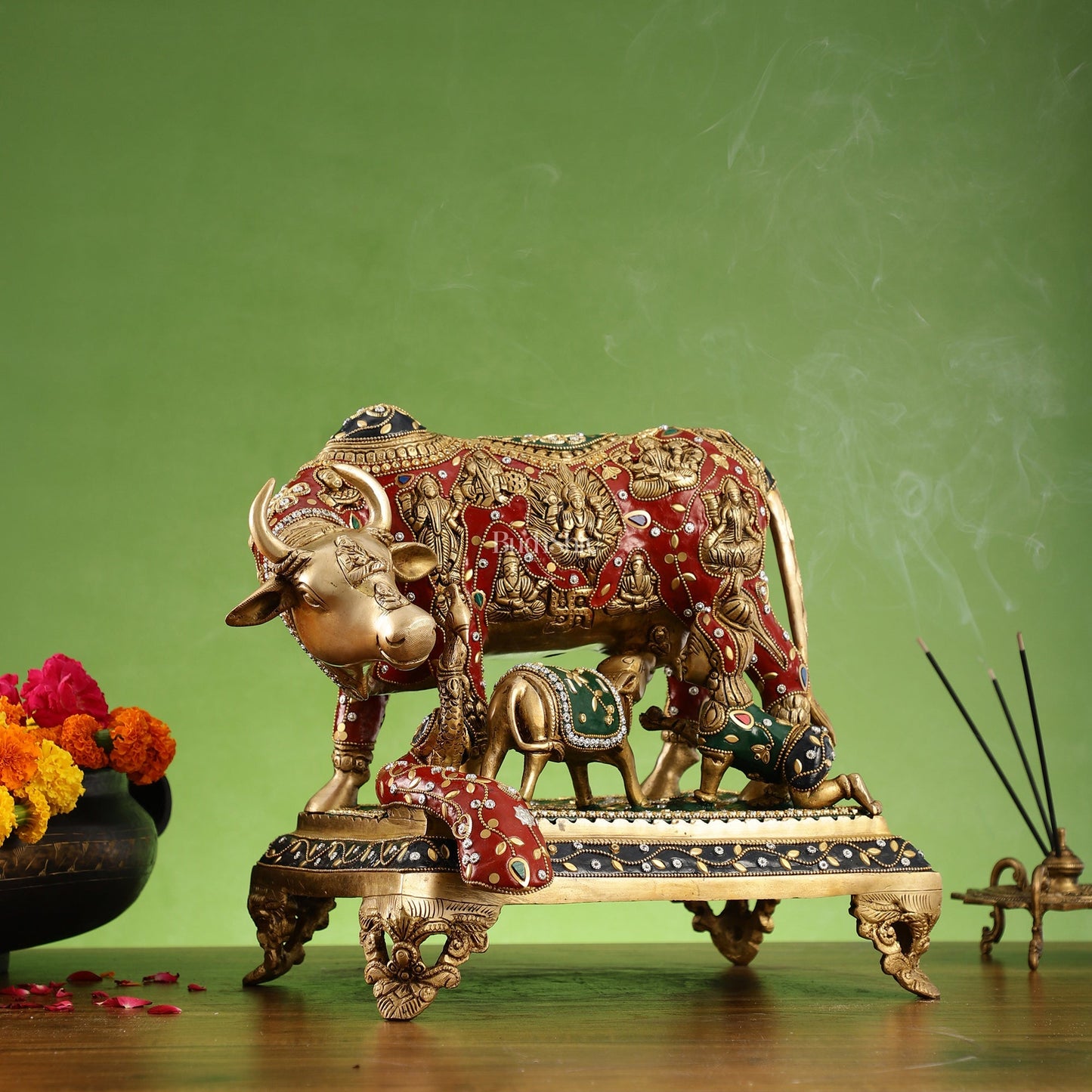 Kamadhenu Cow and Calf Brass Idol 14 inch