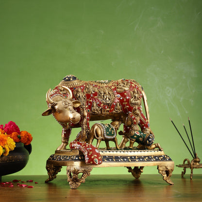 Kamadhenu Cow and Calf Brass Idol 14 inch