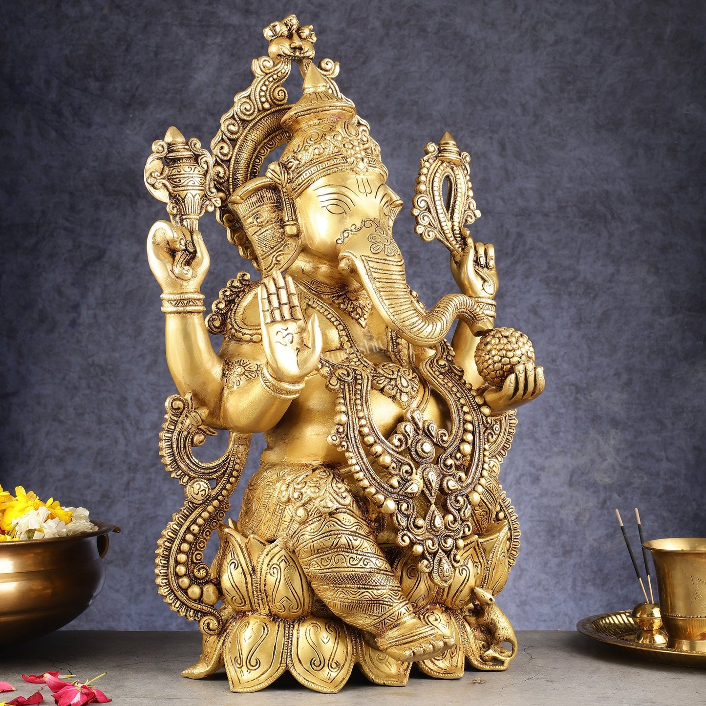 Kamal Ganesha Brass Idol 21 " enhanced carvings