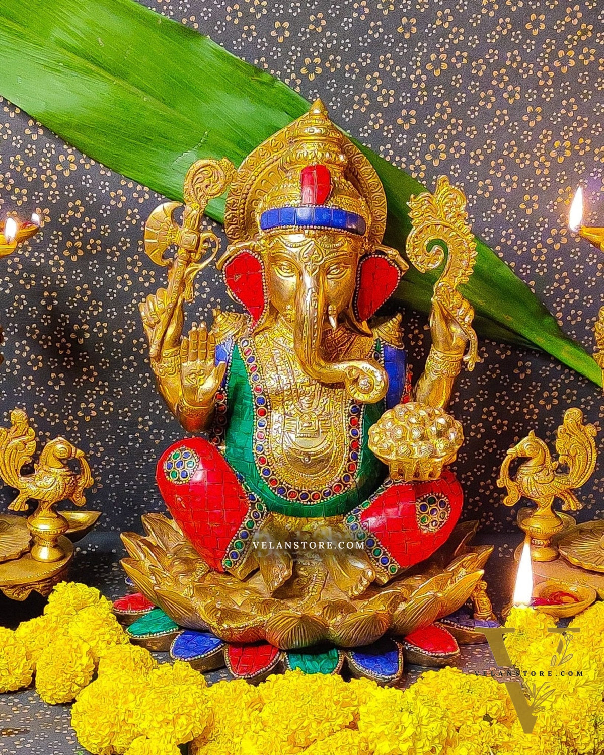 Kamalasana Ganesha with a modak bowl 12 inches brass idol with stonework