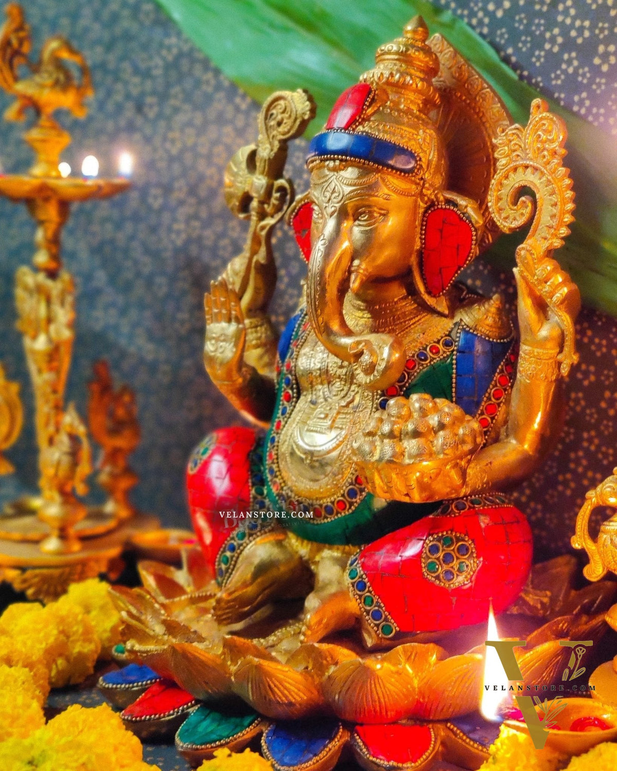 Kamalasana Ganesha with a modak bowl 12 inches brass idol with stonework