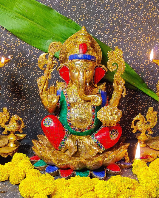 Kamalasana Ganesha with a modak bowl 12 inches brass idol with stonework