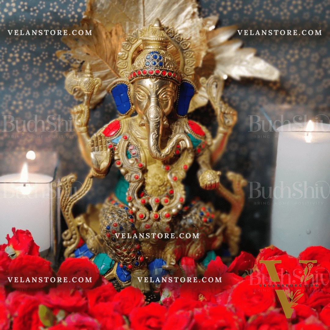 Kamalasana jewellery Ganesha brass idol with meenakari stonework | suitable for office desk/study table/ temple