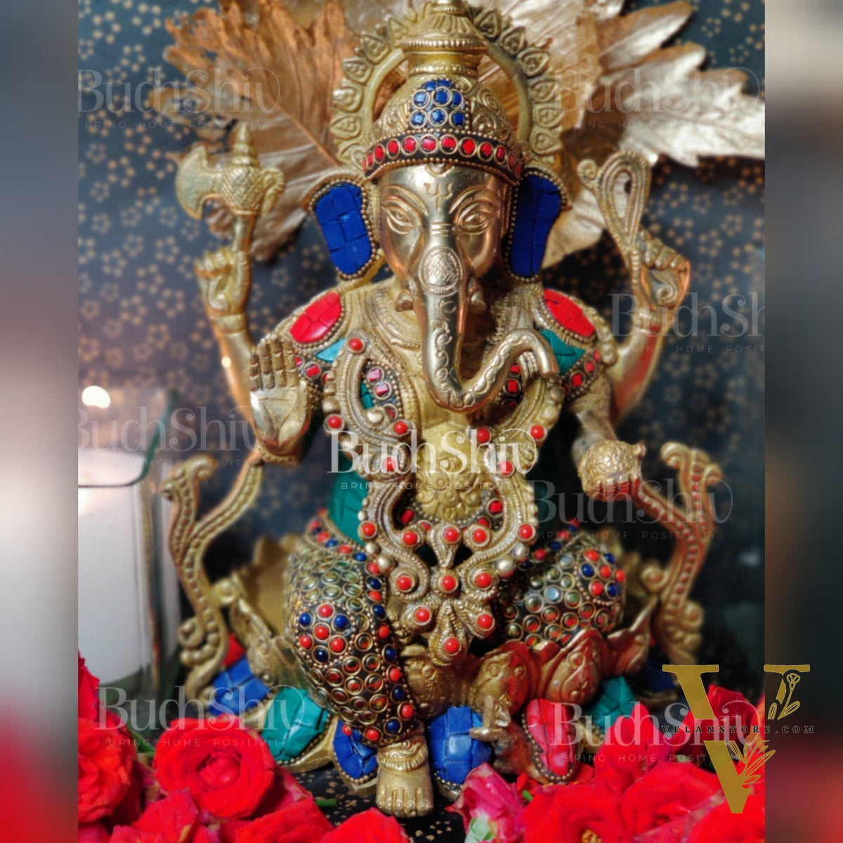 Kamalasana jewellery Ganesha brass idol with meenakari stonework | suitable for office desk/study table/ temple