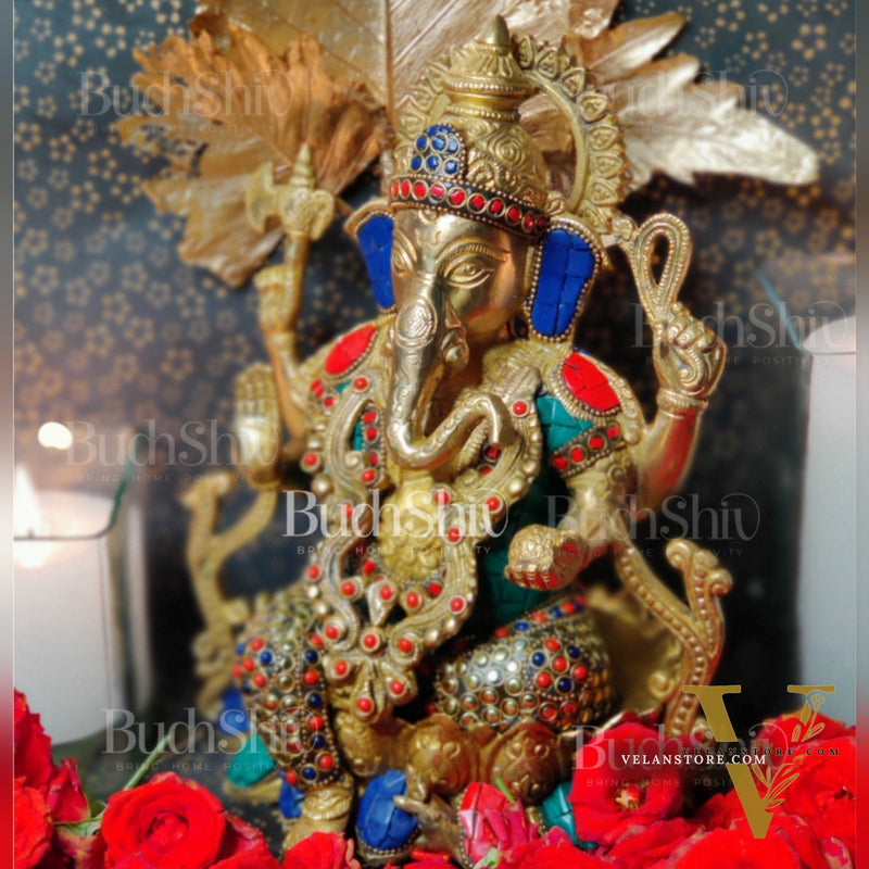 Kamalasana jewellery Ganesha brass idol with meenakari stonework | suitable for office desk/study table/ temple