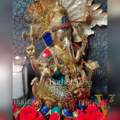 Kamalasana jewellery Ganesha brass idol with meenakari stonework | suitable for office desk/study table/ temple