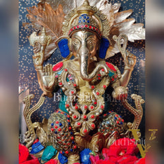 Kamalasana jewellery Ganesha brass idol with meenakari stonework | suitable for office desk/study table/ temple