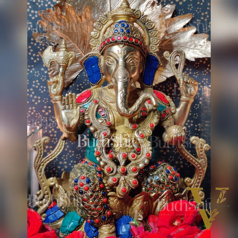 Kamalasana jewellery Ganesha brass idol with meenakari stonework | suitable for office desk/study table/ temple