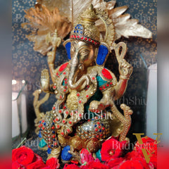 Kamalasana jewellery Ganesha brass idol with meenakari stonework | suitable for office desk/study table/ temple