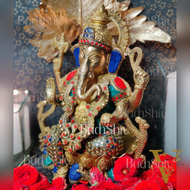 Kamalasana jewellery Ganesha brass idol with meenakari stonework | suitable for office desk/study table/ temple