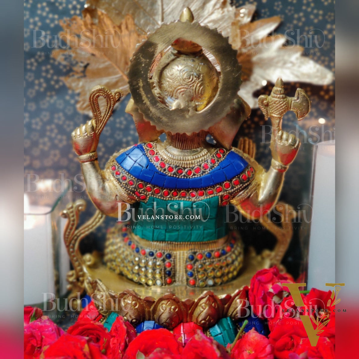 Kamalasana jewellery Ganesha brass idol with meenakari stonework | suitable for office desk/study table/ temple