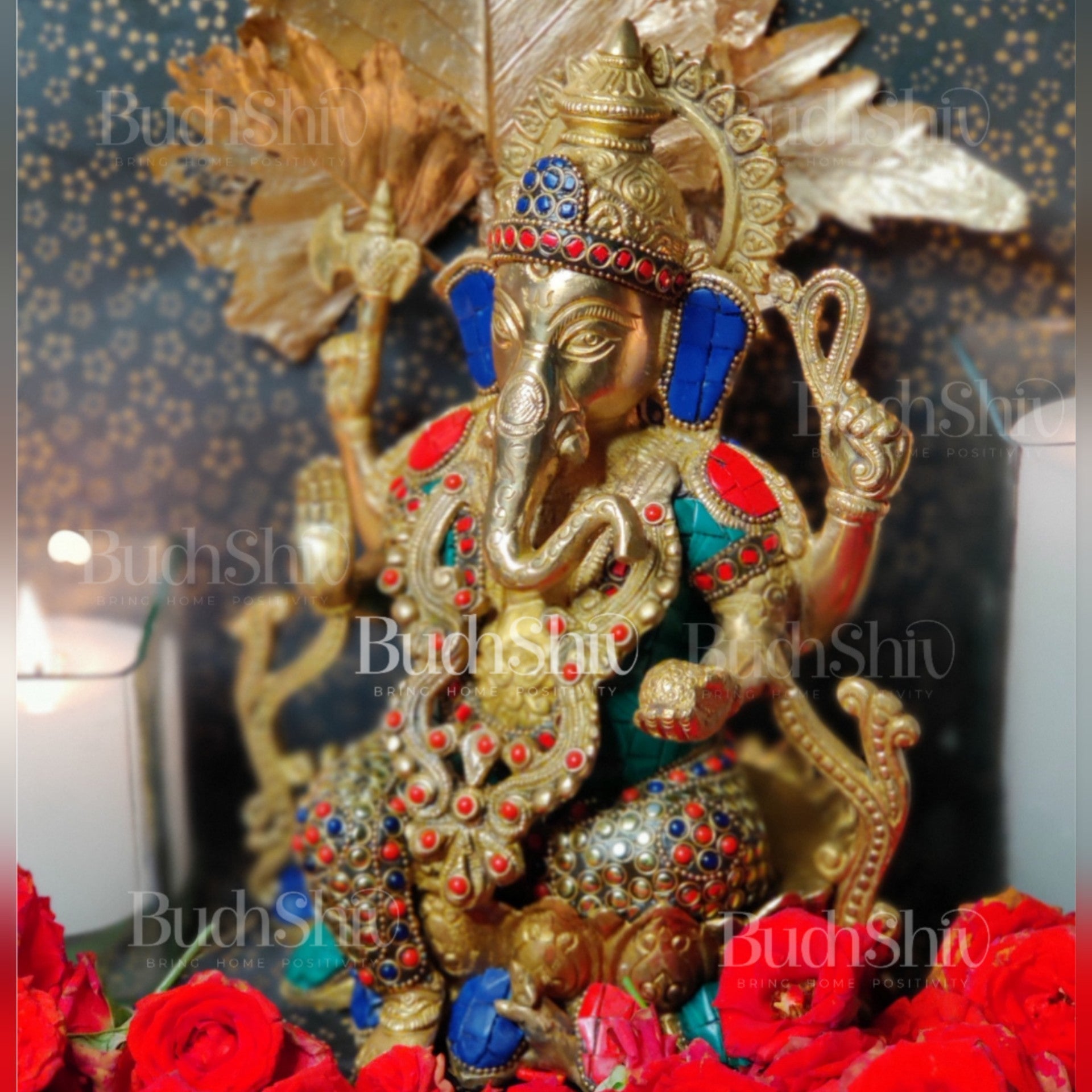 Kamalasana jewellery Ganesha brass idol with meenakari stonework | suitable for office desk/study table/ temple