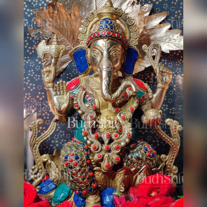 Kamalasana jewellery Ganesha brass idol with meenakari stonework | suitable for office desk/study table/ temple
