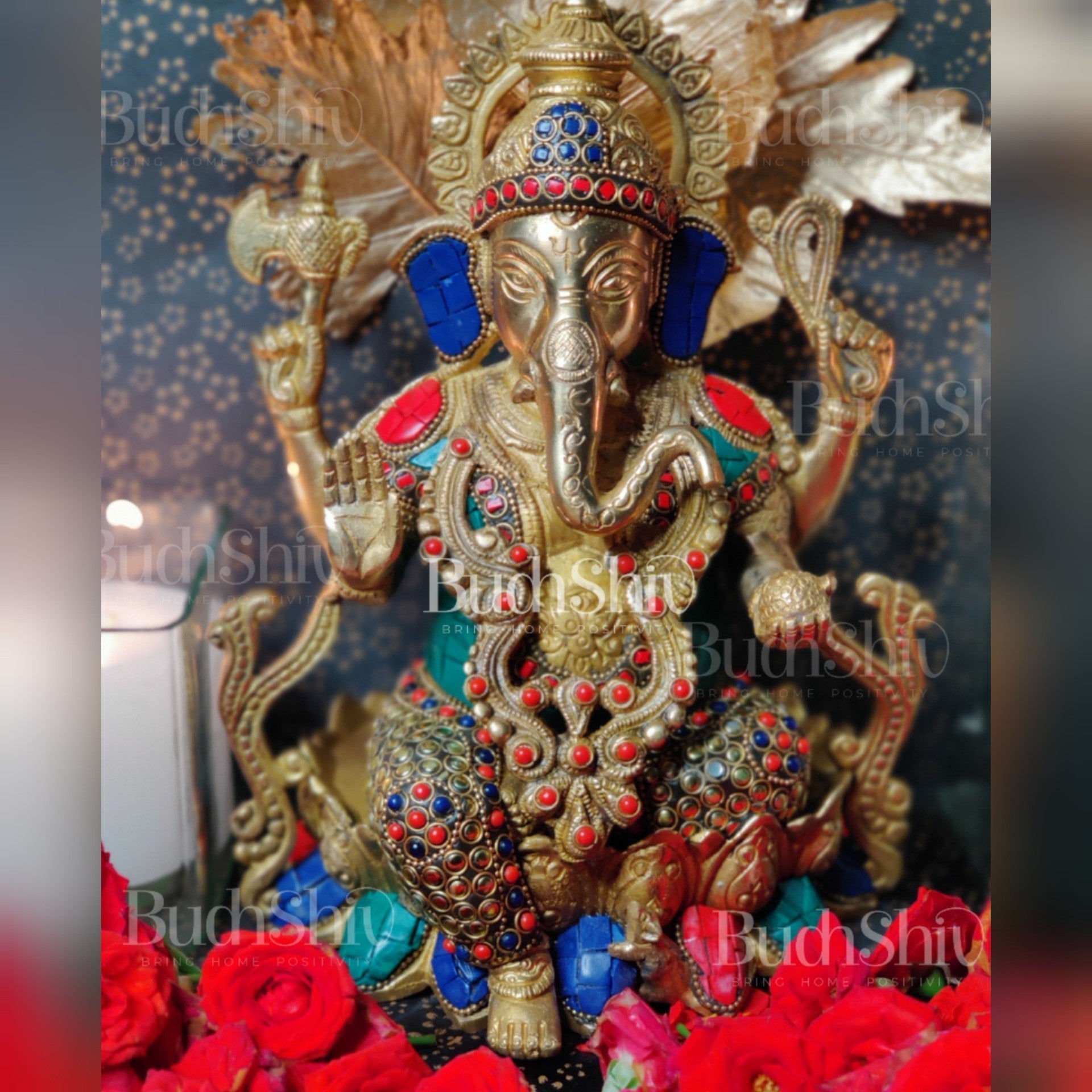 Kamalasana jewellery Ganesha brass idol with meenakari stonework | suitable for office desk/study table/ temple