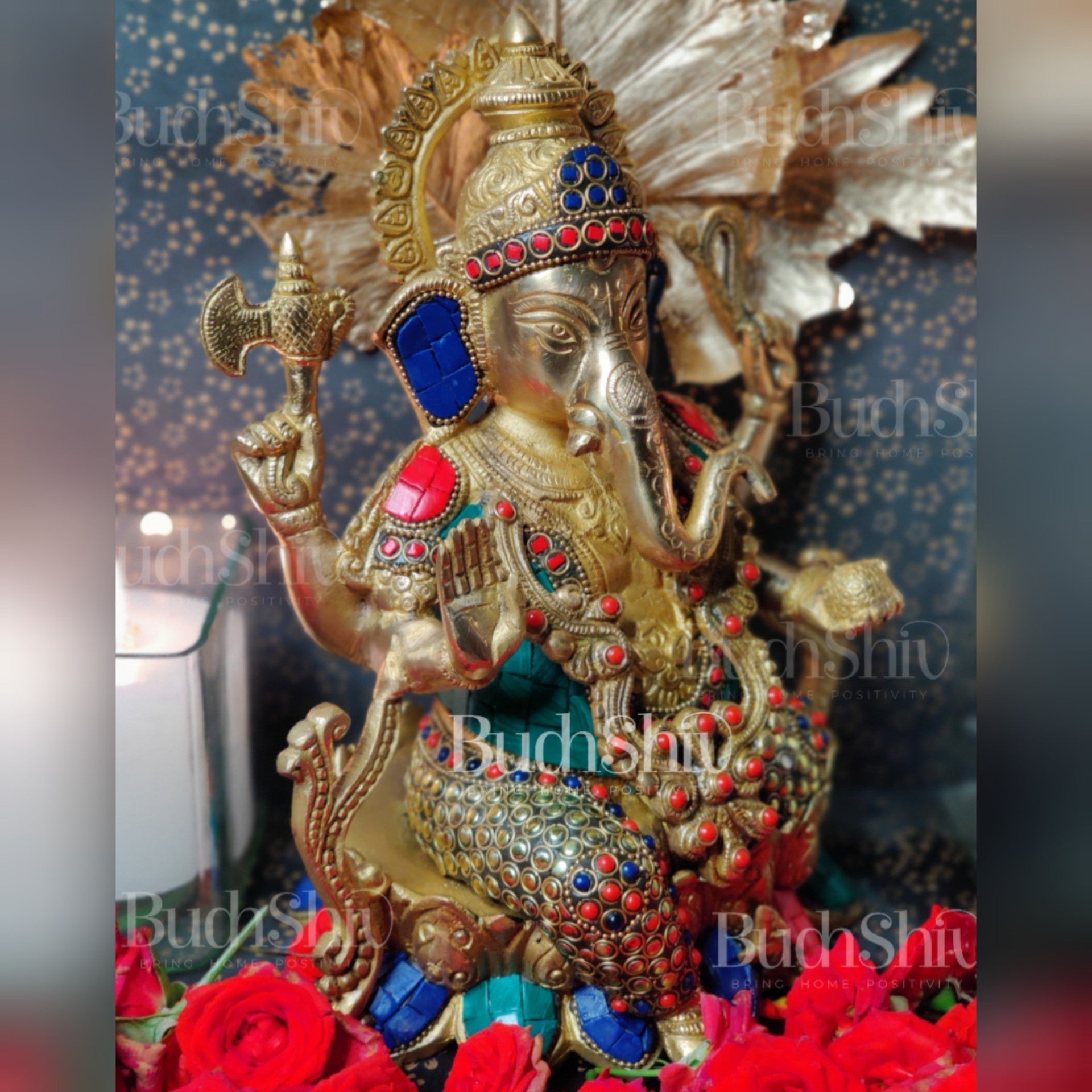 Kamalasana jewellery Ganesha brass idol with meenakari stonework | suitable for office desk/study table/ temple