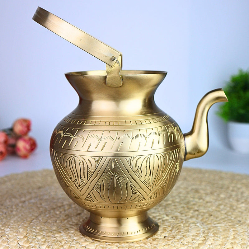 Bhunes Brass Kamandal With Hand Carving Traditional Brass Kamandalu, Sacred Brass Holy Water Pot, 1 Litre, Gold, 6.5 Inch, 1 Piece