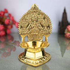 Brass Kamakshi Lamp, Kamatchi Vilakku, Kamakshi Amman Diya, Handcrafted Temple Kuthu Vilakku, Traditional Pooja Lamp, Gold, 7.5 Inch, 1 Piece