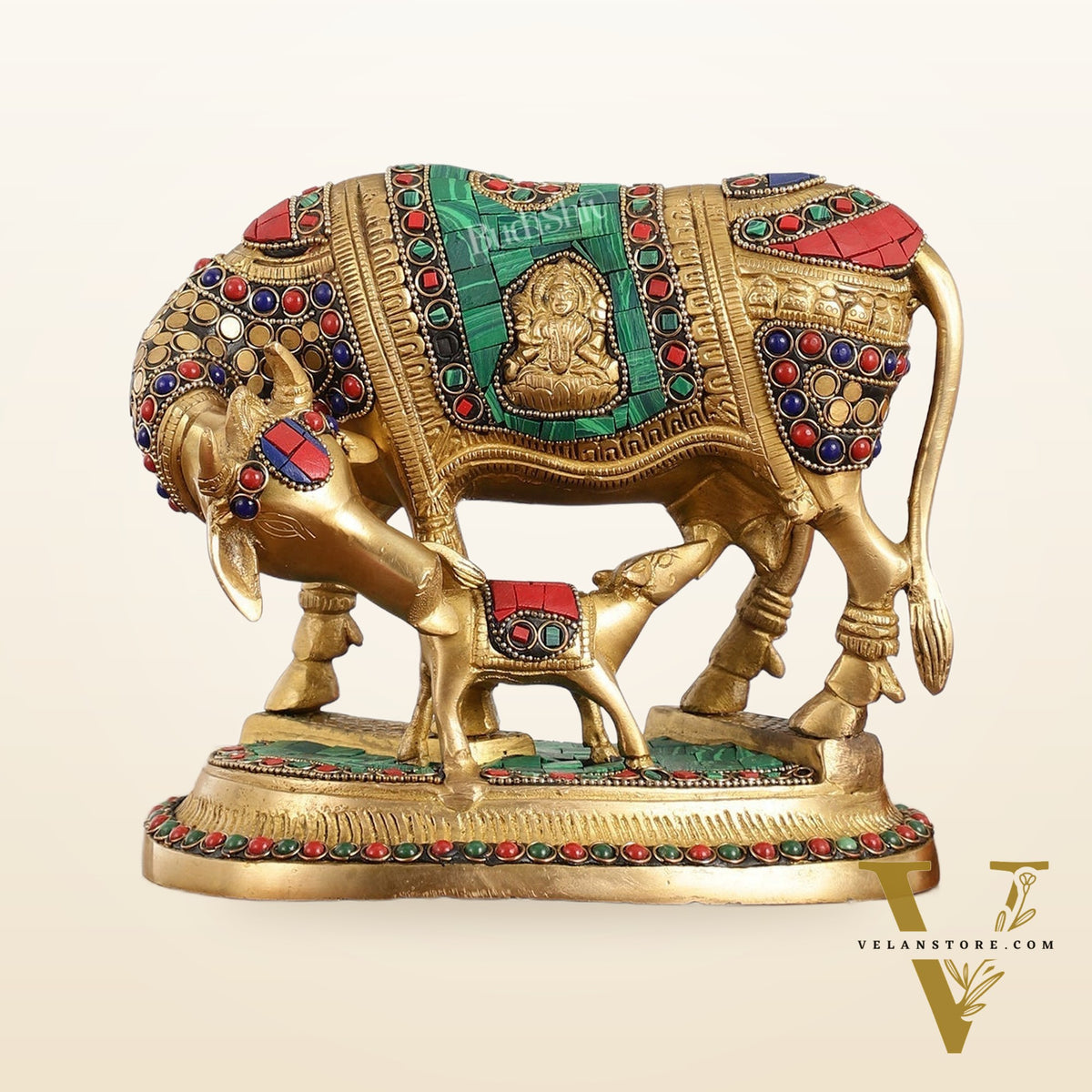 Kamdhenu Brass Idol with Ganesha and Lakshmi Engravings | 6.5" x 8" x 5