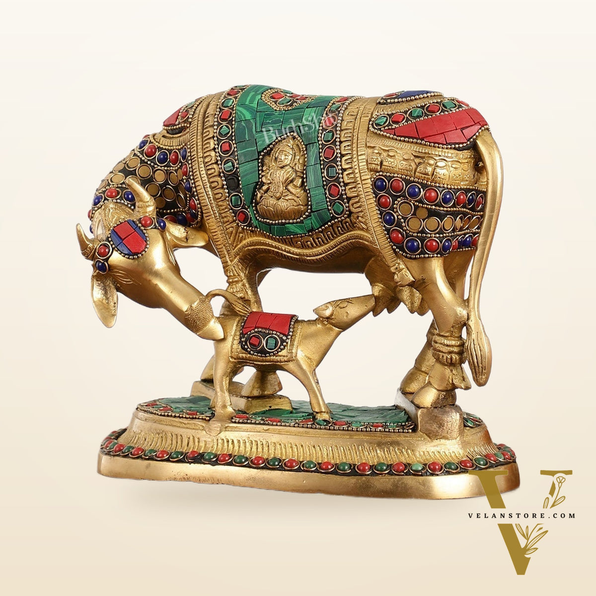 Kamdhenu Brass Idol with Ganesha and Lakshmi Engravings | 6.5" x 8" x 5