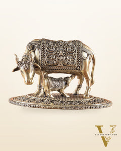 Kamdhenu Cow with Calf | 5" Wide Intricate Superfine Brass Idol