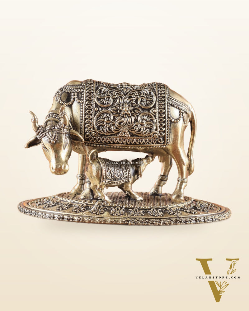 Kamdhenu Cow with Calf | 5" Wide Intricate Superfine Brass Idol