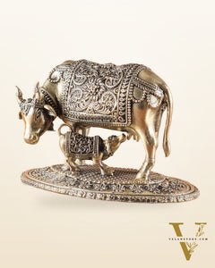 Kamdhenu Cow with Calf | 5" Wide Intricate Superfine Brass Idol
