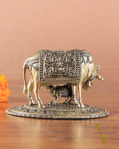 Kamdhenu Cow with Calf | 5" Wide Intricate Superfine Brass Idol