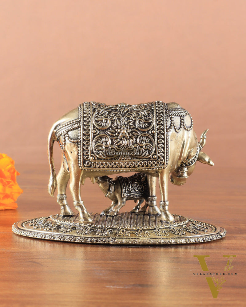 Kamdhenu Cow with Calf | 5" Wide Intricate Superfine Brass Idol