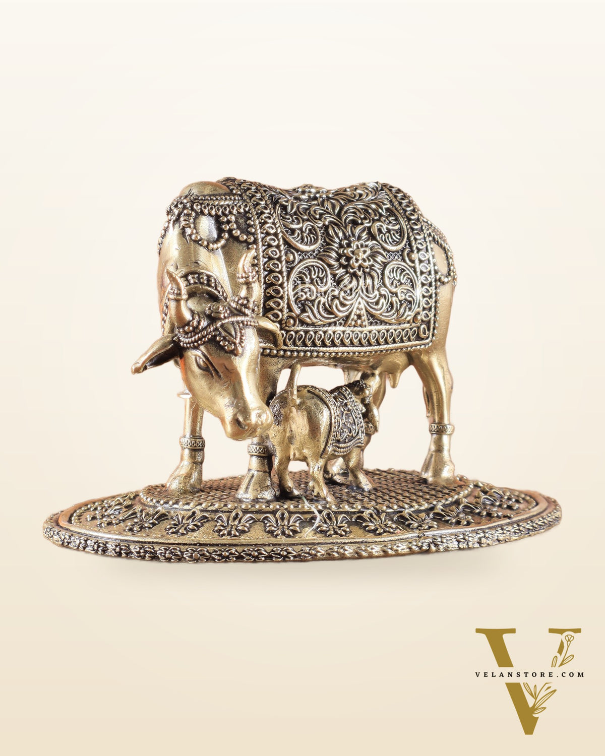 Kamdhenu Cow with Calf | 5" Wide Intricate Superfine Brass Idol