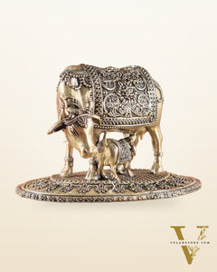 Kamdhenu Cow with Calf | 5" Wide Intricate Superfine Brass Idol