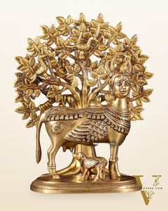 Kamdhenu Cow with Calf and Kalpavriksha Tree of Life – Antique Finish Brass Set 12"