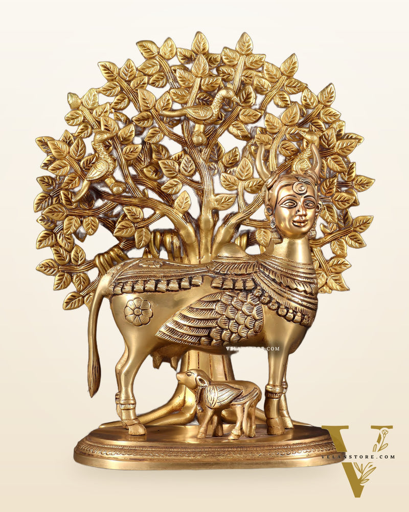 Kamdhenu Cow with Calf and Kalpavriksha Tree of Life – Antique Finish Brass Set 12"