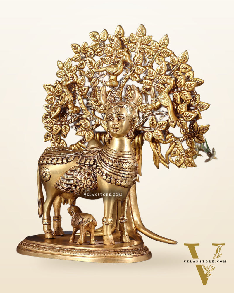 Kamdhenu Cow with Calf and Kalpavriksha Tree of Life – Antique Finish Brass Set 12"