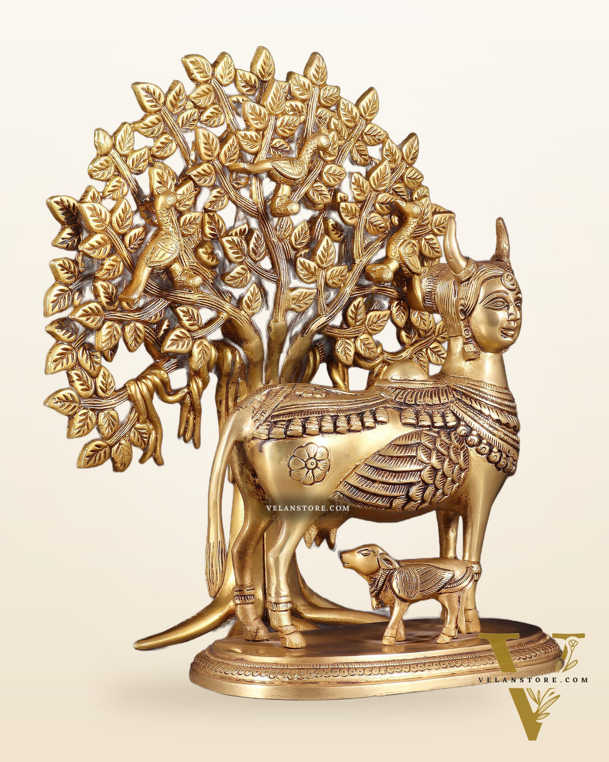 Kamdhenu Cow with Calf and Kalpavriksha Tree of Life – Antique Finish Brass Set 12"
