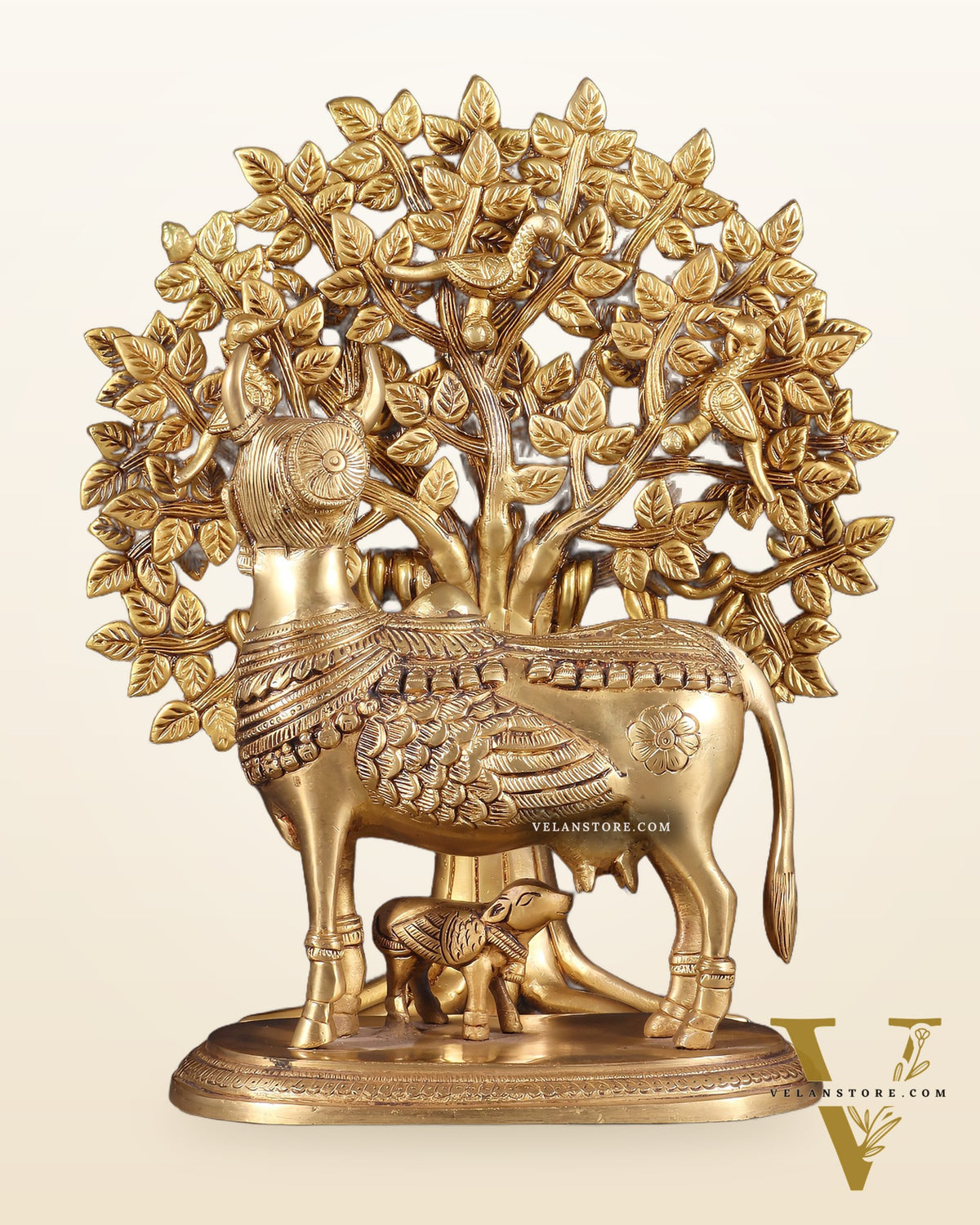 Kamdhenu Cow with Calf and Kalpavriksha Tree of Life – Antique Finish Brass Set 12"