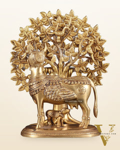 Kamdhenu Cow with Calf and Kalpavriksha Tree of Life – Antique Finish Brass Set 12"