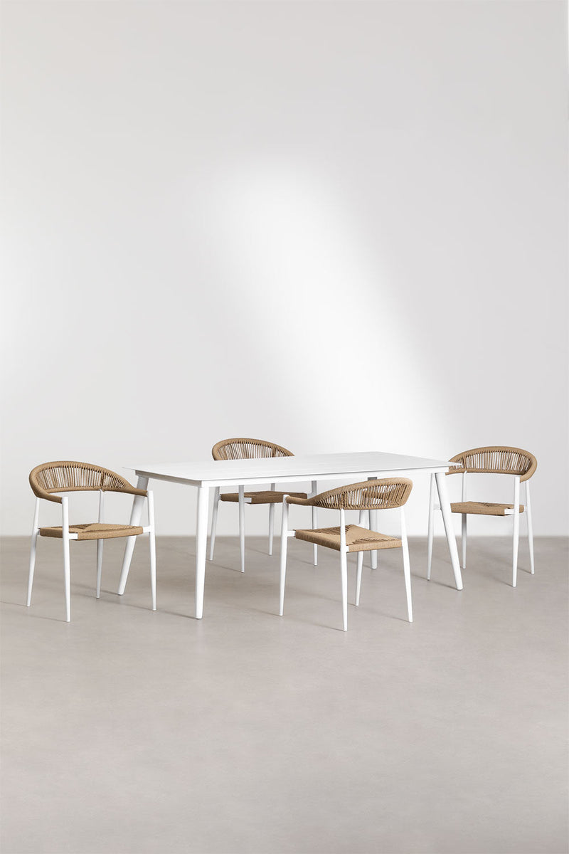 Trinidad Outdoor Patio Dining Seating Set 4 Chairs and 1 Table Set (White) Braided & Rope