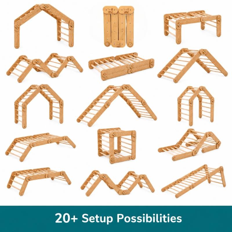 Natural Wood Multi-Shape Convertible Montessori Climbing Frame for Kids