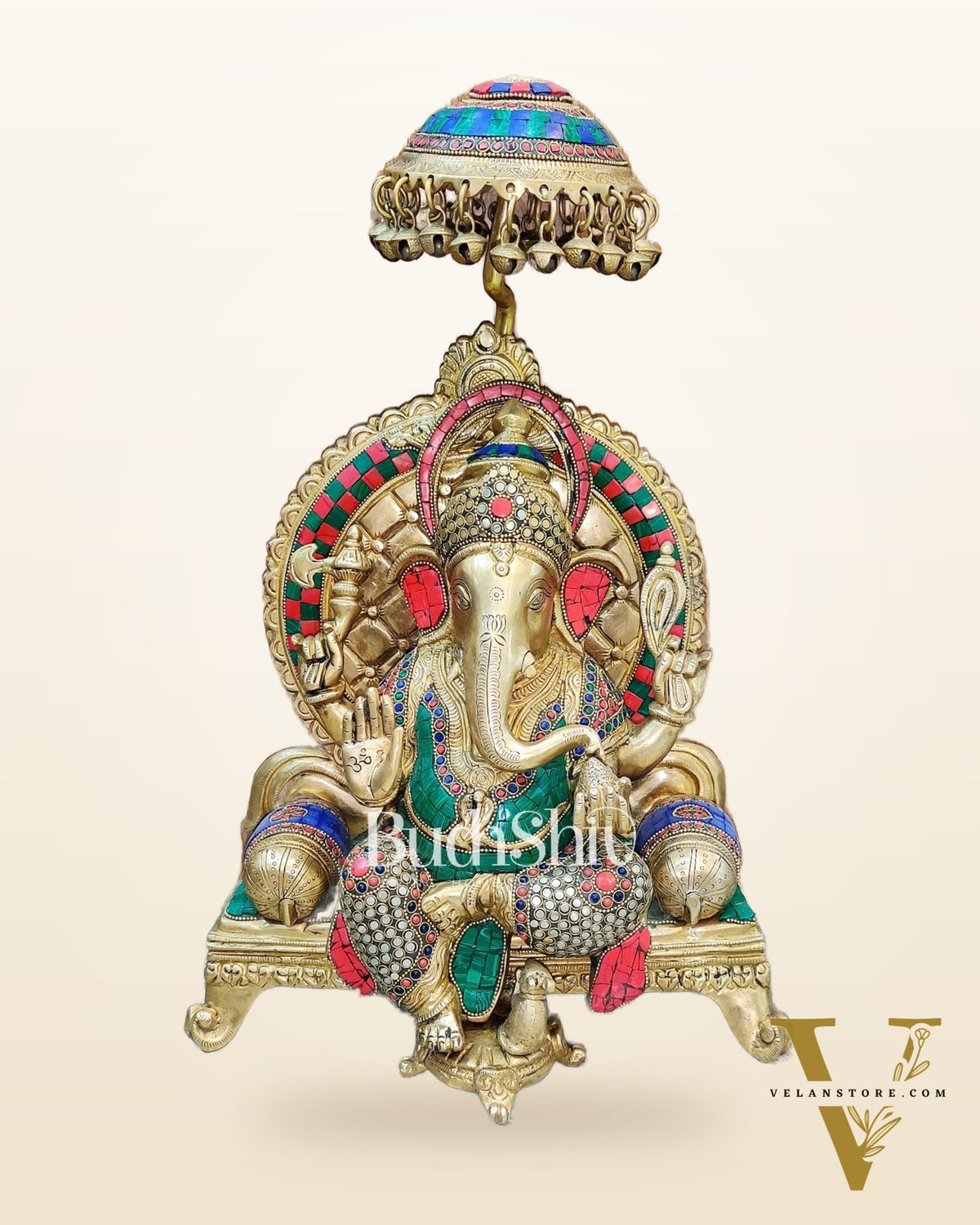 King Ganesha Brass statue with stonework 18 inches