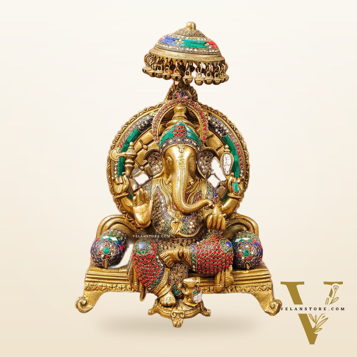 King Ganesha Brass statue with stonework 18 inches