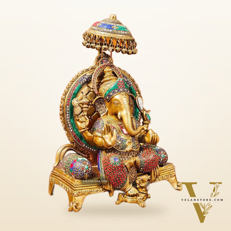 King Ganesha Brass statue with stonework 18 inches