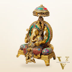 King Ganesha Brass statue with stonework 18 inches