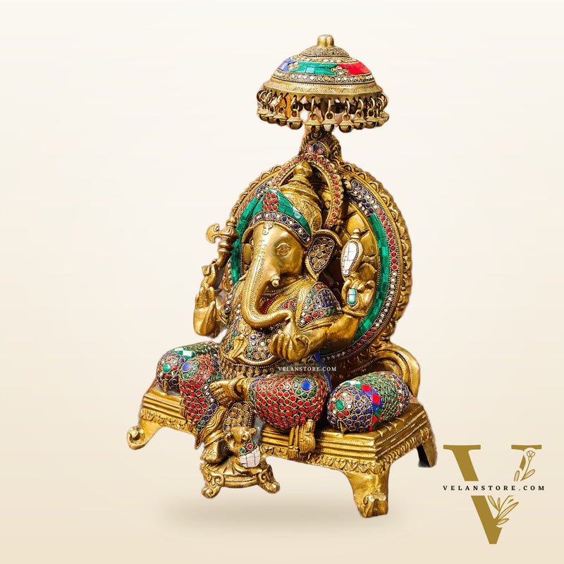 King Ganesha Brass statue with stonework 18 inches