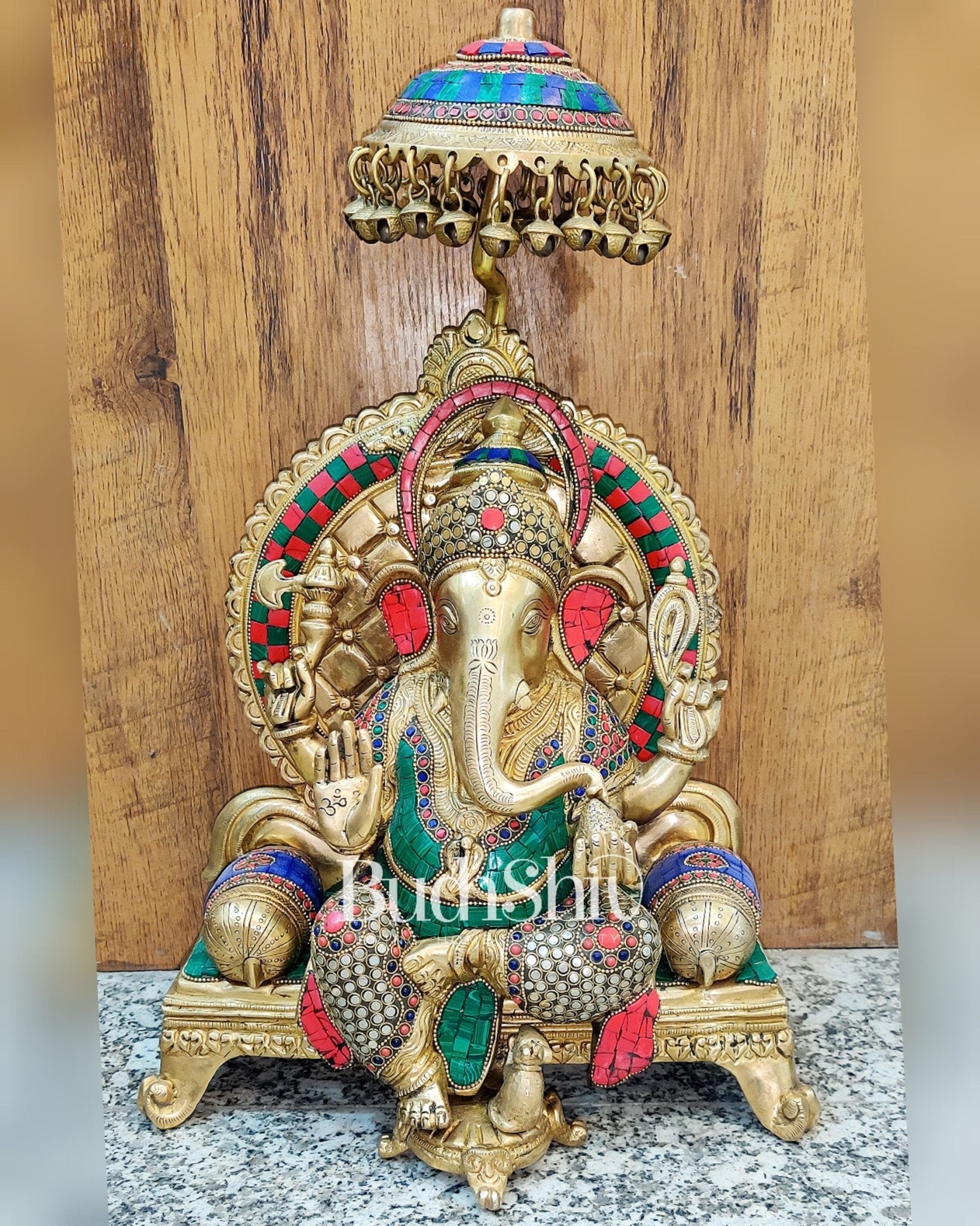 King Ganesha Brass statue with stonework 18 inches