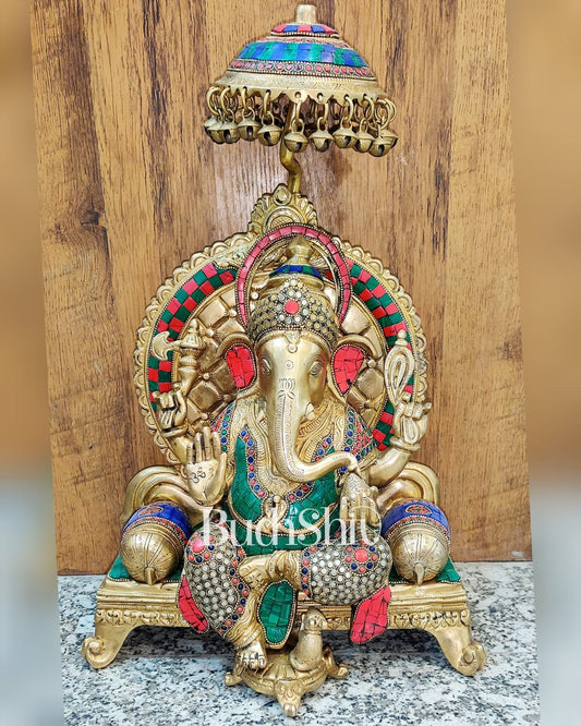 King Ganesha Brass statue with stonework 18 inches