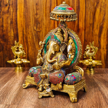 King Ganesha Brass statue with stonework 18 inches