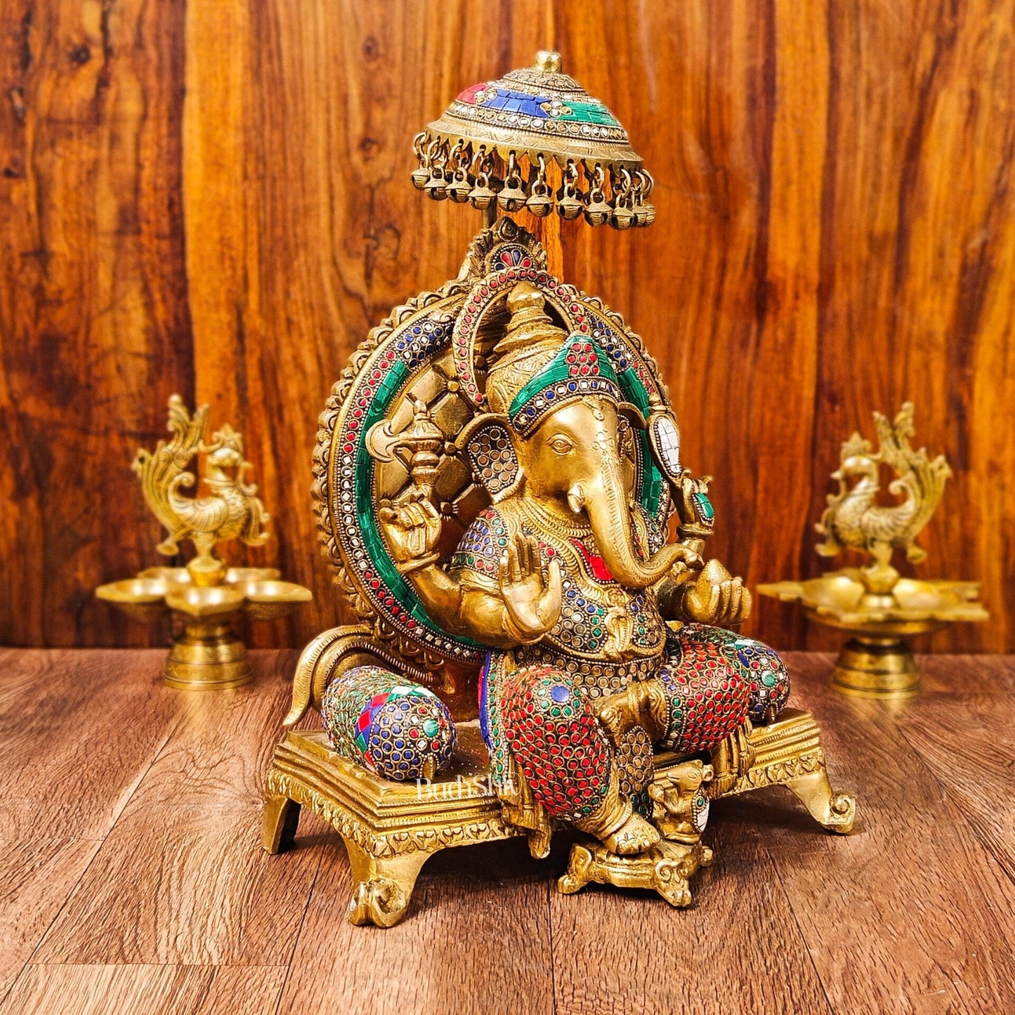 King Ganesha Brass statue with stonework 18 inches
