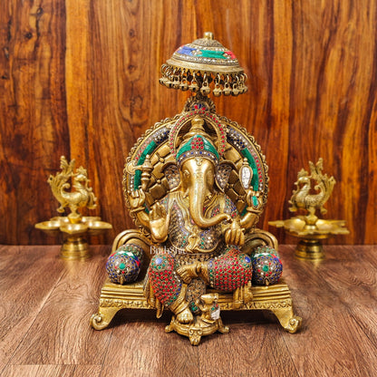 King Ganesha Brass statue with stonework 18 inches