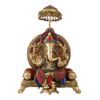 Pure Brass Ganapati Statue with Natural Stones – 18 Inches Tall