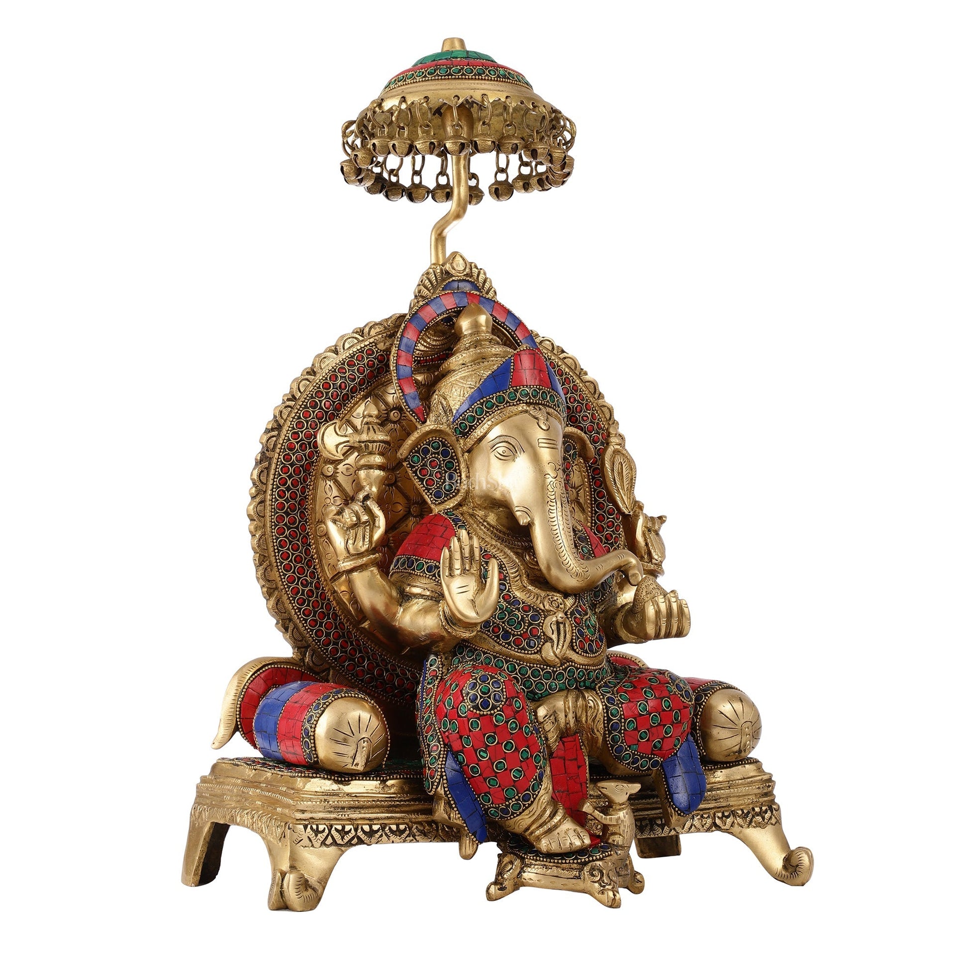 Pure Brass Ganapati Statue with Natural Stones – 18 Inches Tall